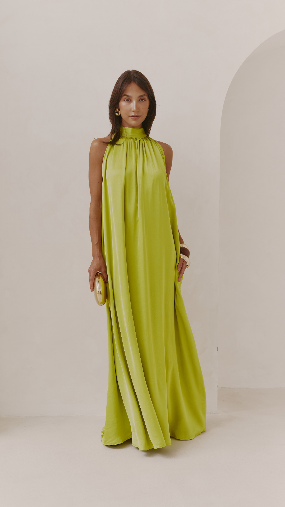 Everly Column Satin Dress - Chartreuse