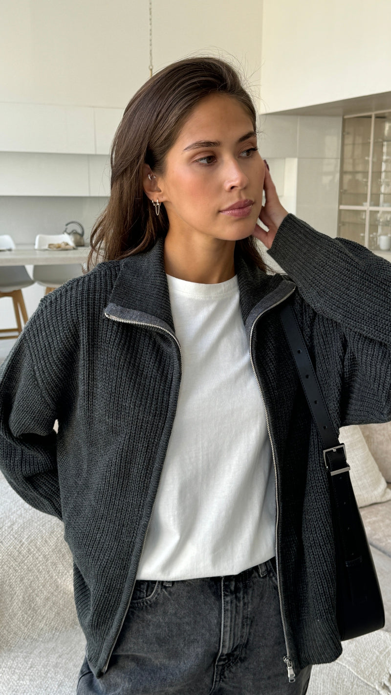 ALLIA ZIP CARDIGAN - GREY