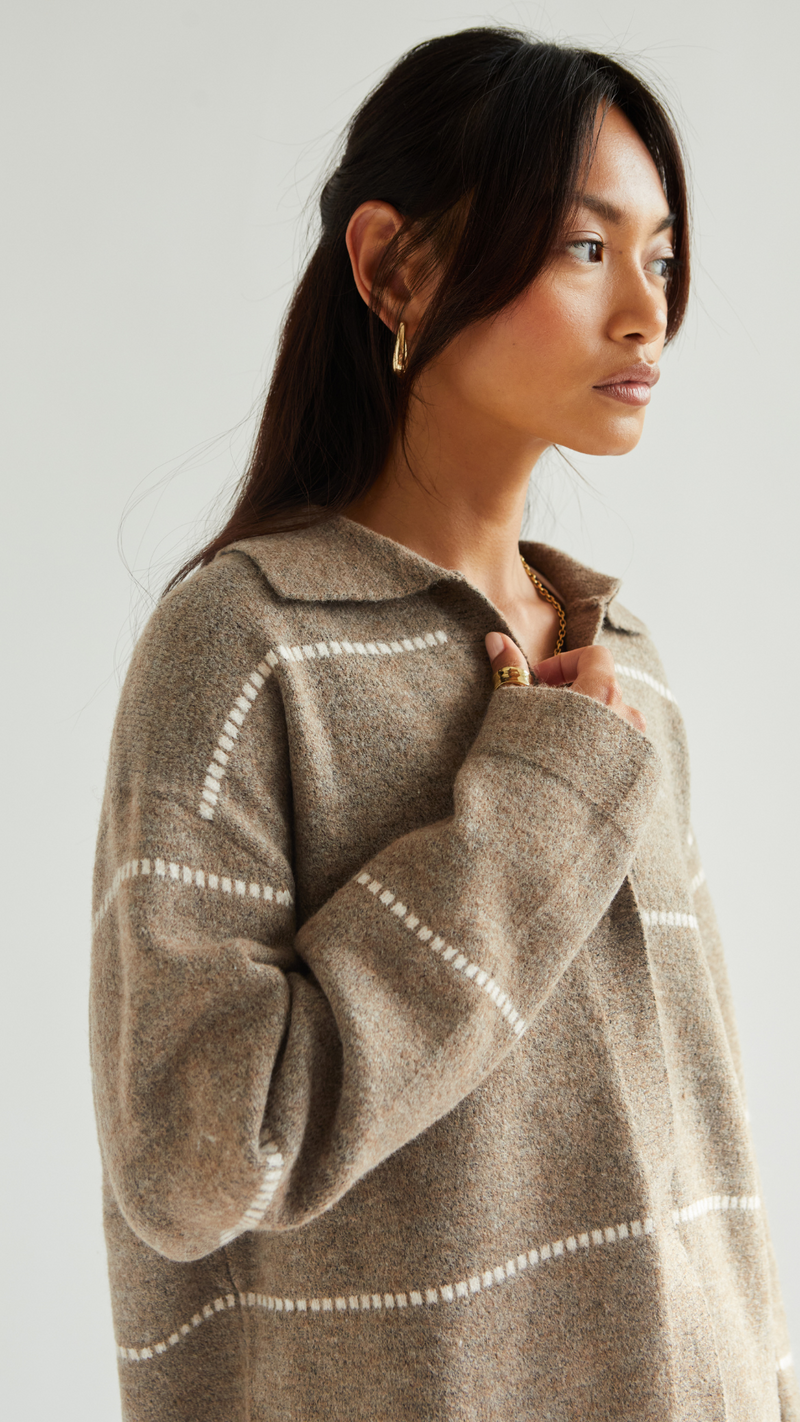 CLARA CONTRAST STITCH CARDIGAN - SAND IVORY