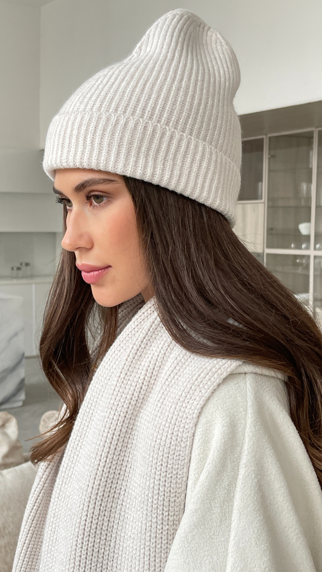 ribbed white beanie and matching ribbed scarf