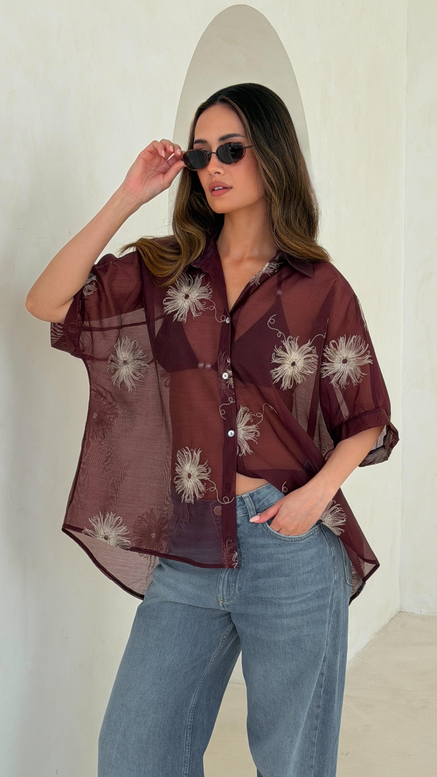 Rosie Embroidered Shirt - Burgundy