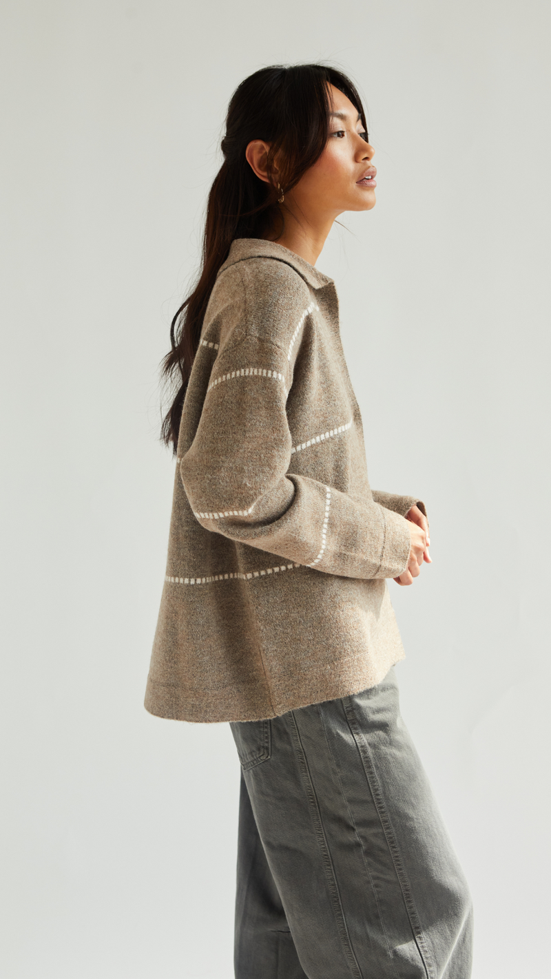 CLARA CONTRAST STITCH CARDIGAN - SAND IVORY
