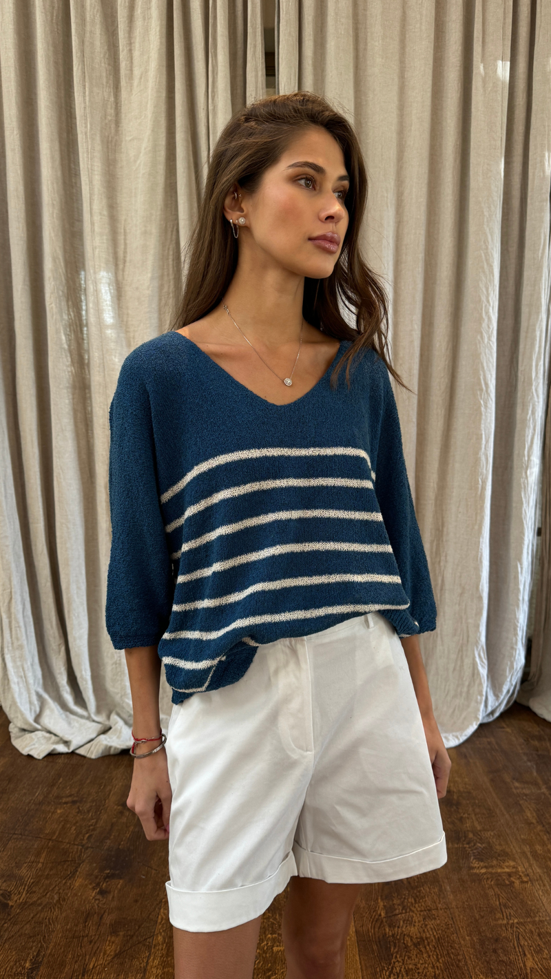 GRACE BOUCLÉ TEE - BLUE ECRU STRIPES