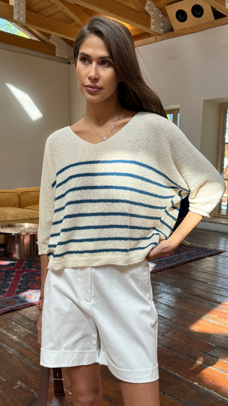 GRACE BOUCLÉ TEE - ECRU BLUE STRIPES