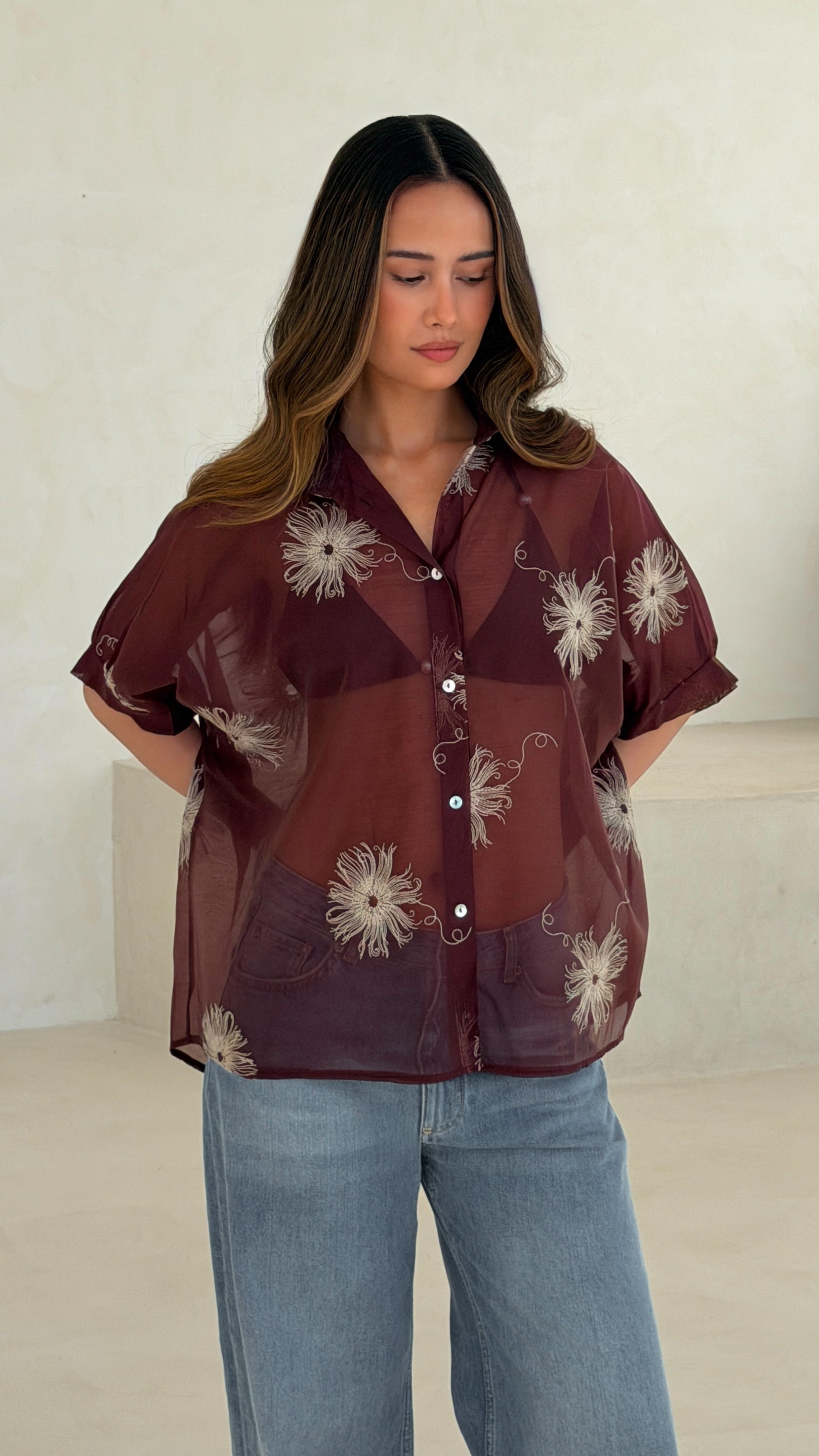 Rosie Embroidered Shirt - Burgundy