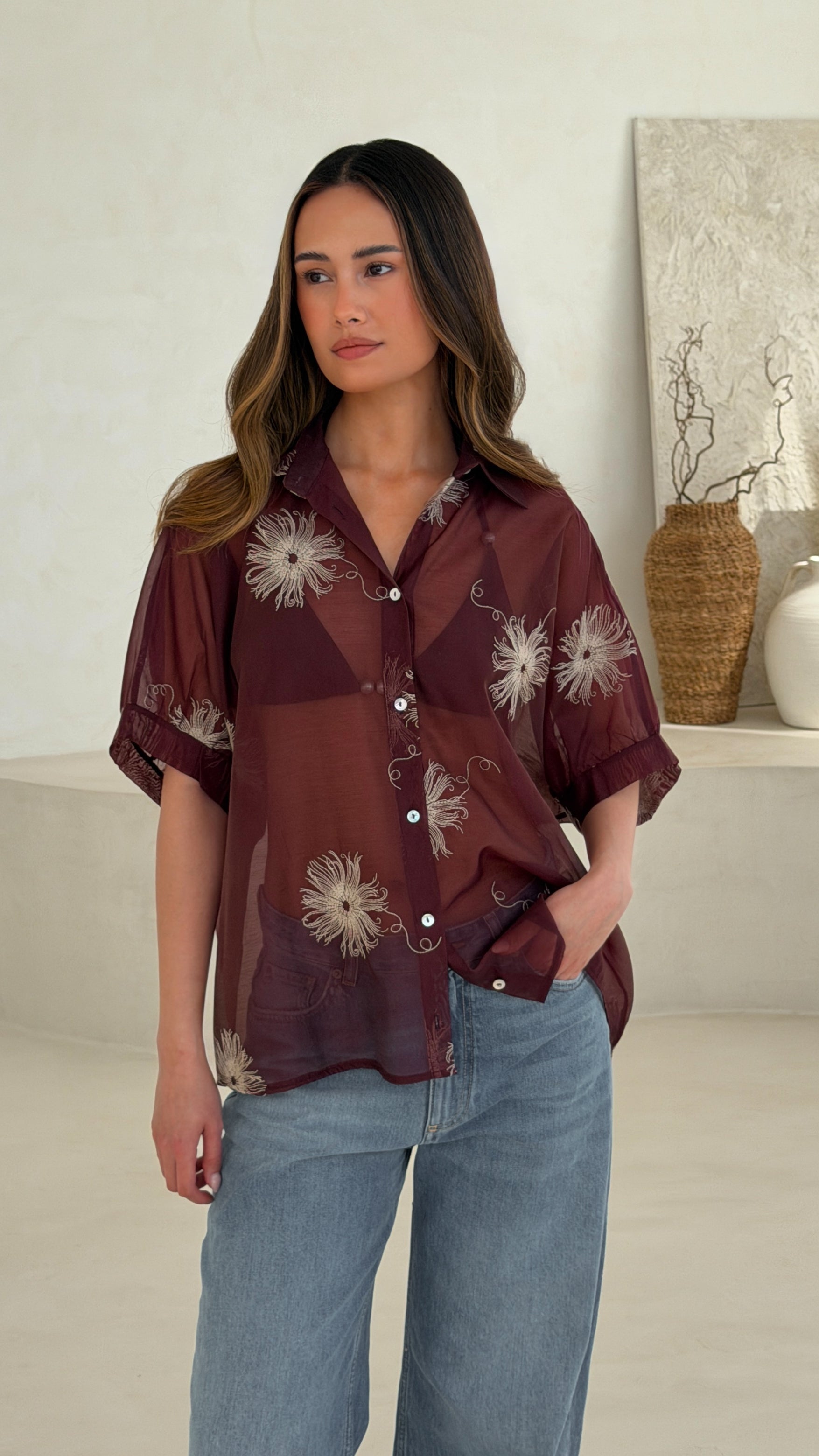 Rosie Embroidered Shirt - Burgundy