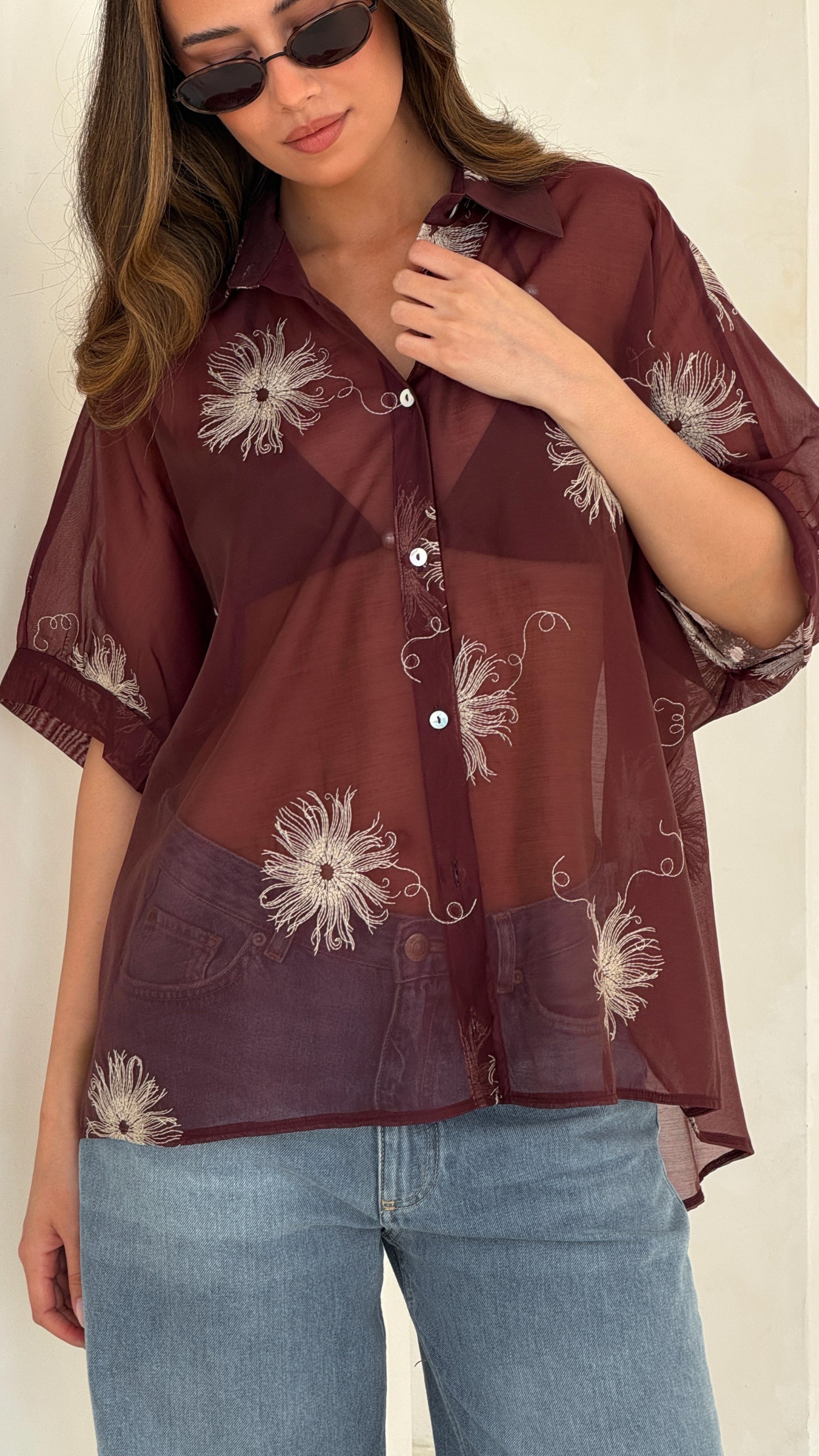 Rosie Embroidered Shirt - Burgundy