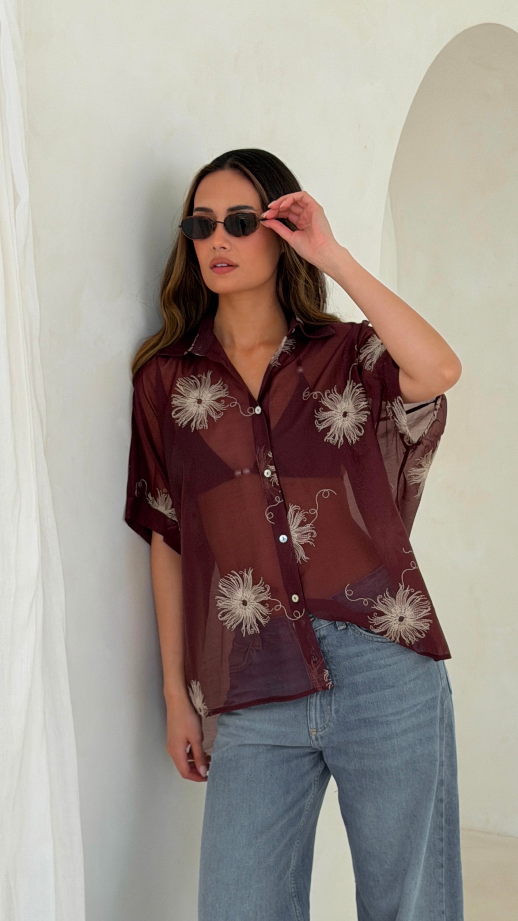 Rosie Embroidered Shirt - Burgundy