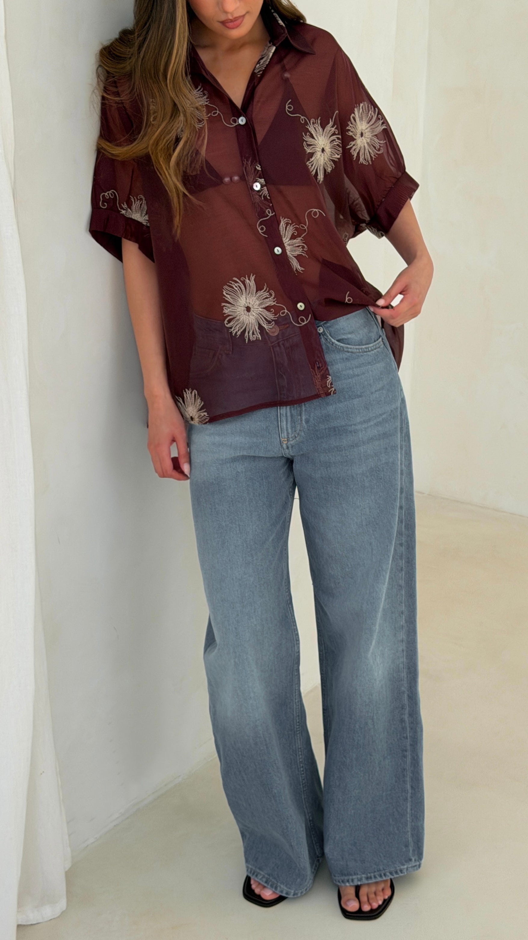 Rosie Embroidered Shirt - Burgundy