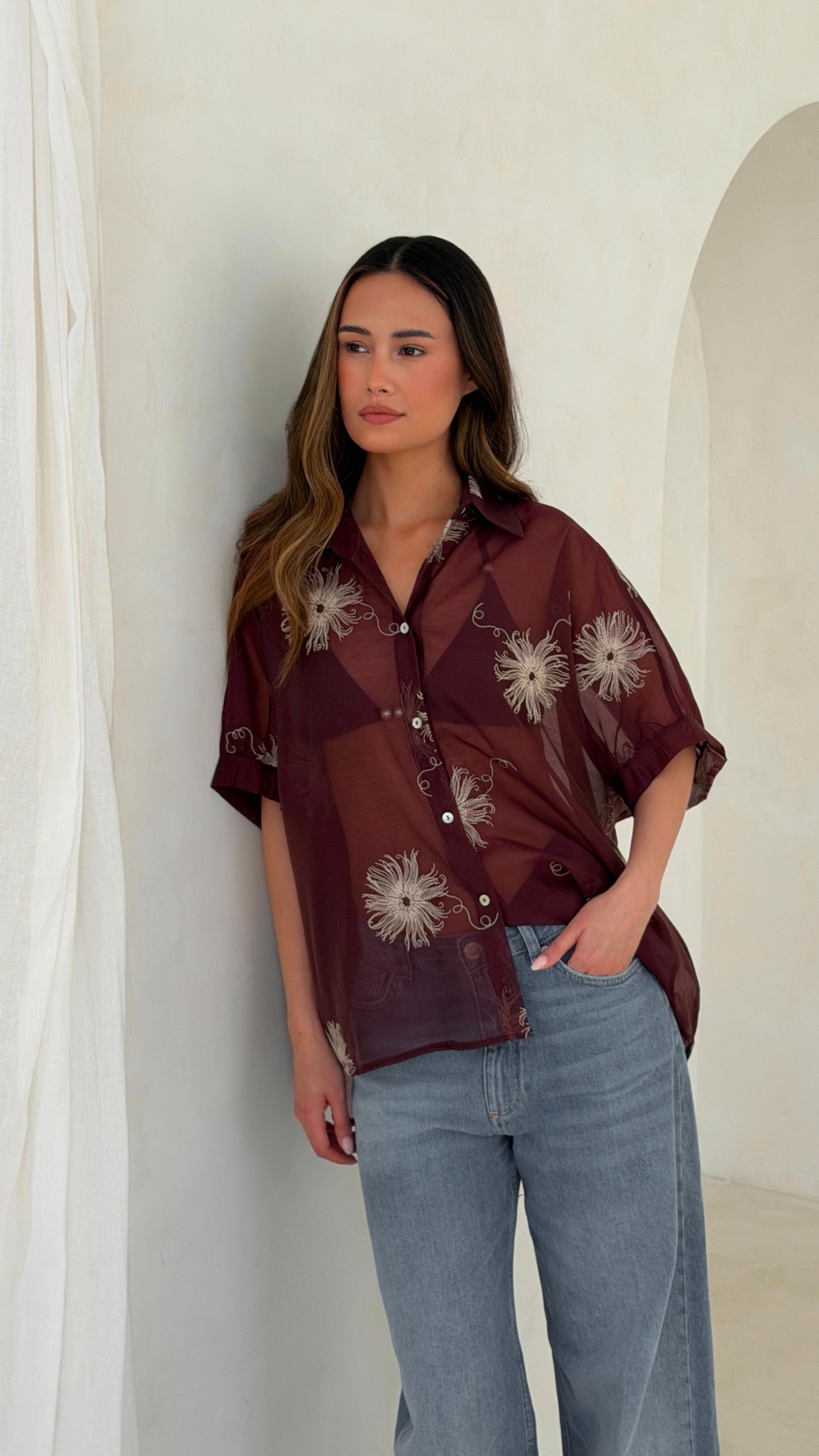 Rosie Embroidered Shirt - Burgundy