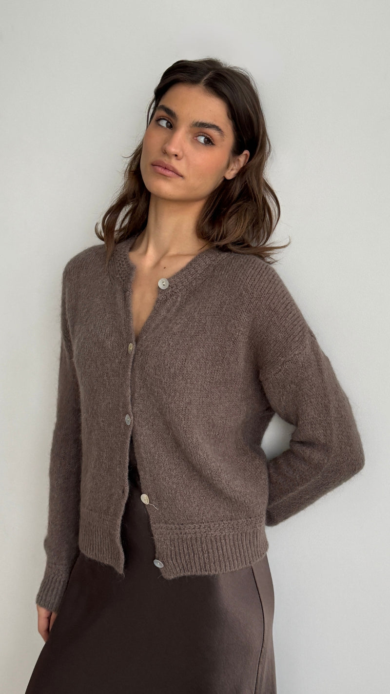 soft brown cardigan with button details, paired with a dark brown satin skirt