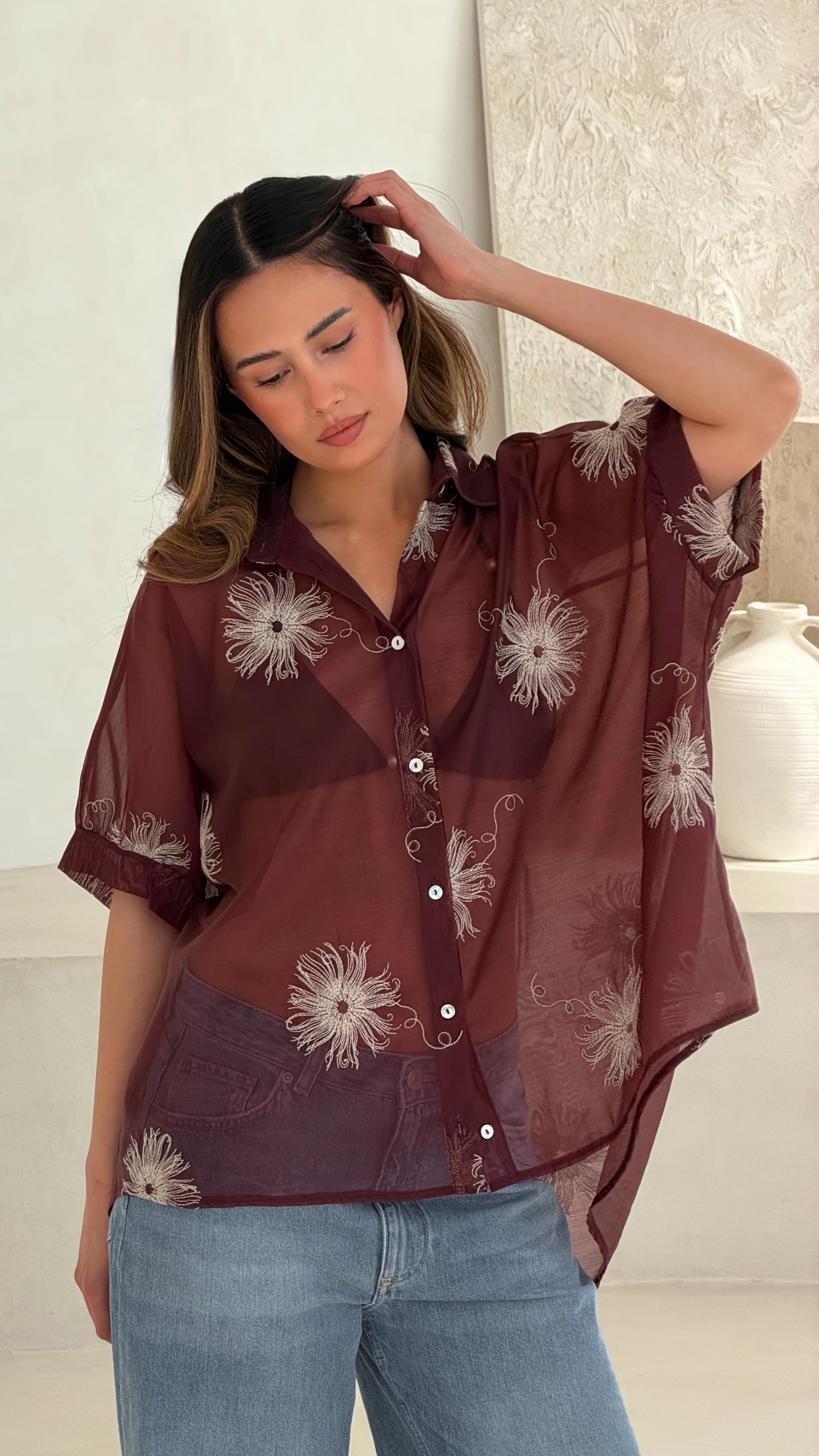 Rosie Embroidered Shirt - Burgundy