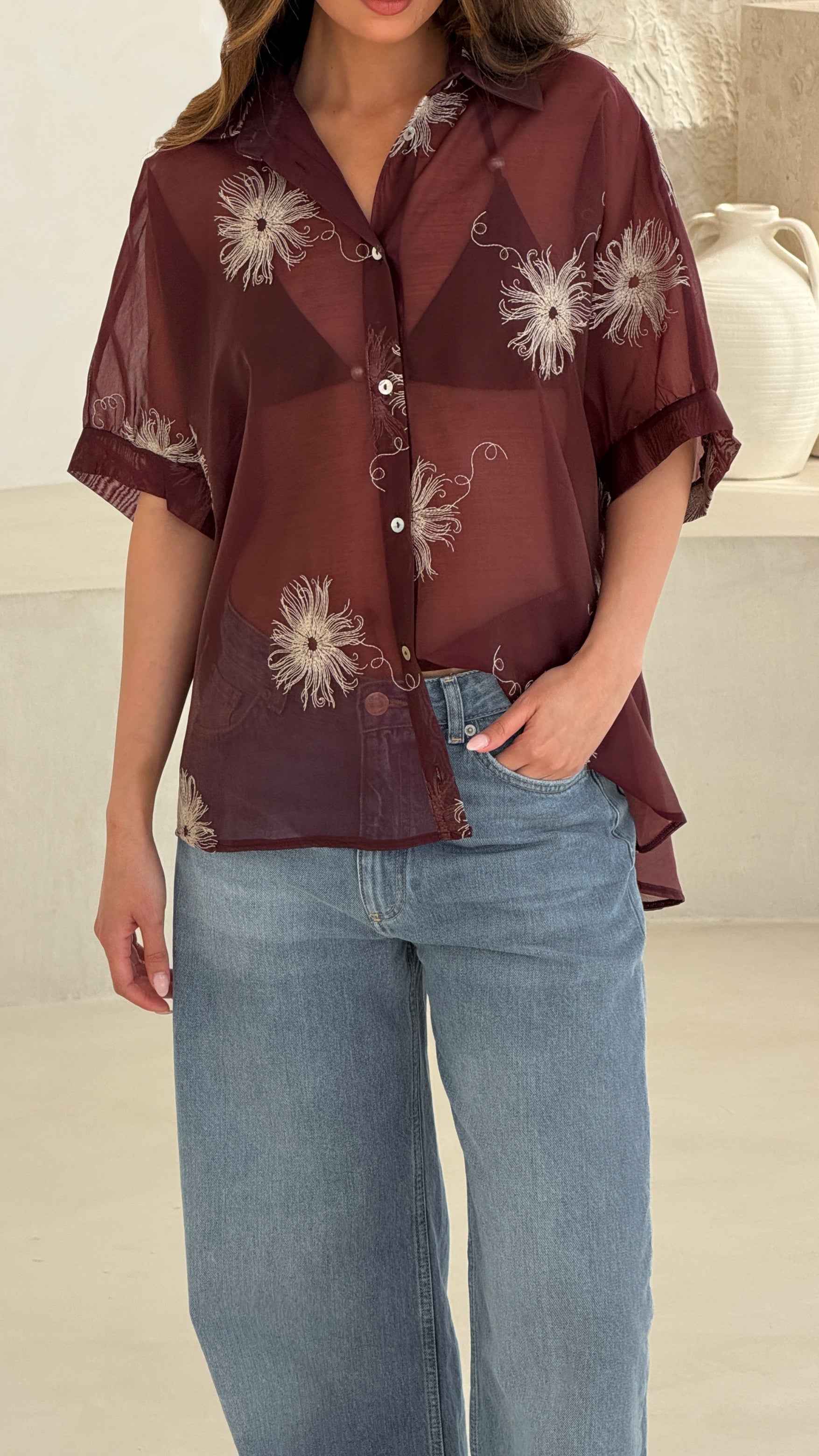 Rosie Embroidered Shirt - Burgundy