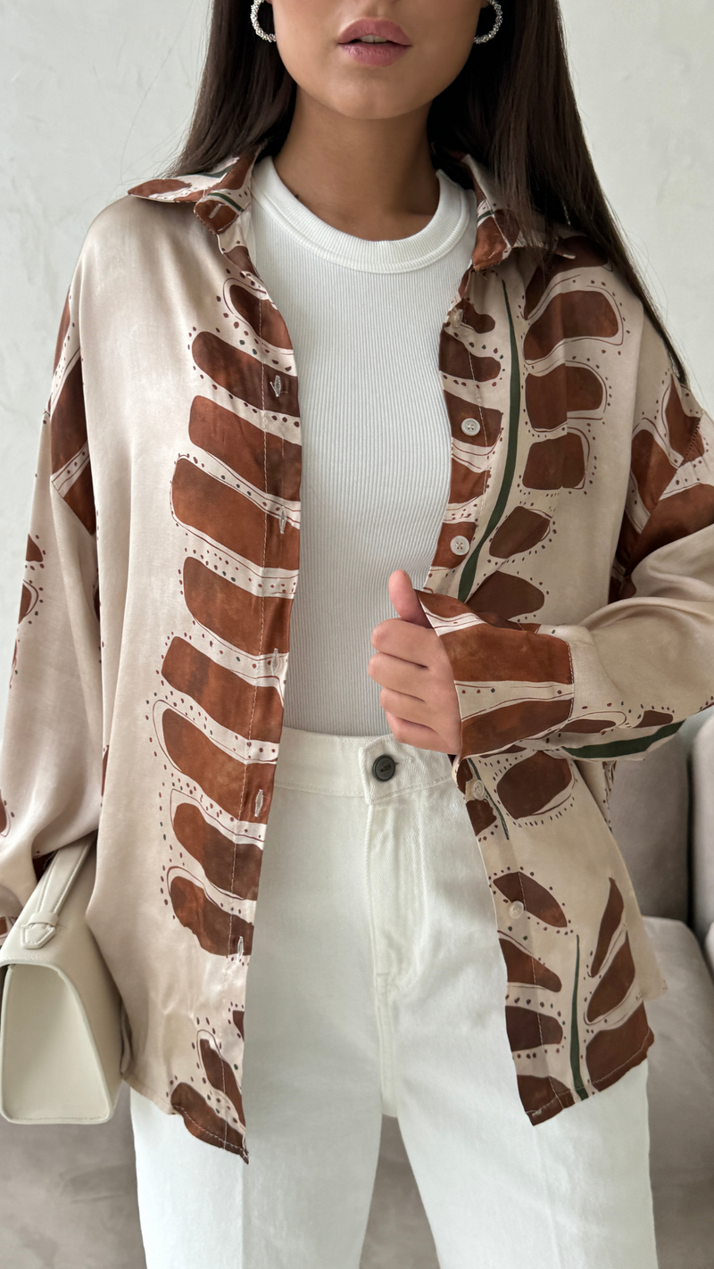 RHEA SILK SHIRT - LEAF PRINT CAMEL