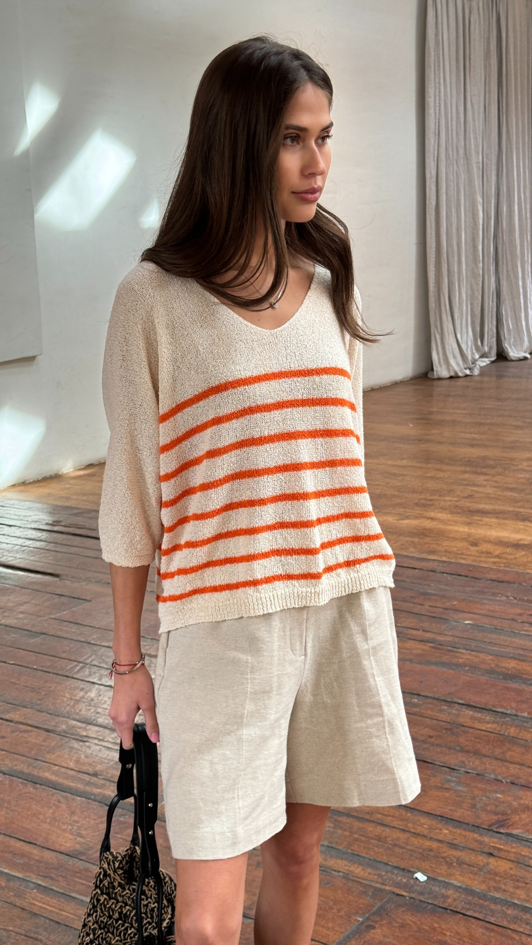 Grace Bouclé Tee - Ecru Tangerine Stripes