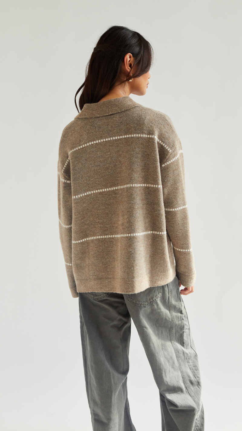 CLARA CONTRAST STITCH CARDIGAN - SAND IVORY