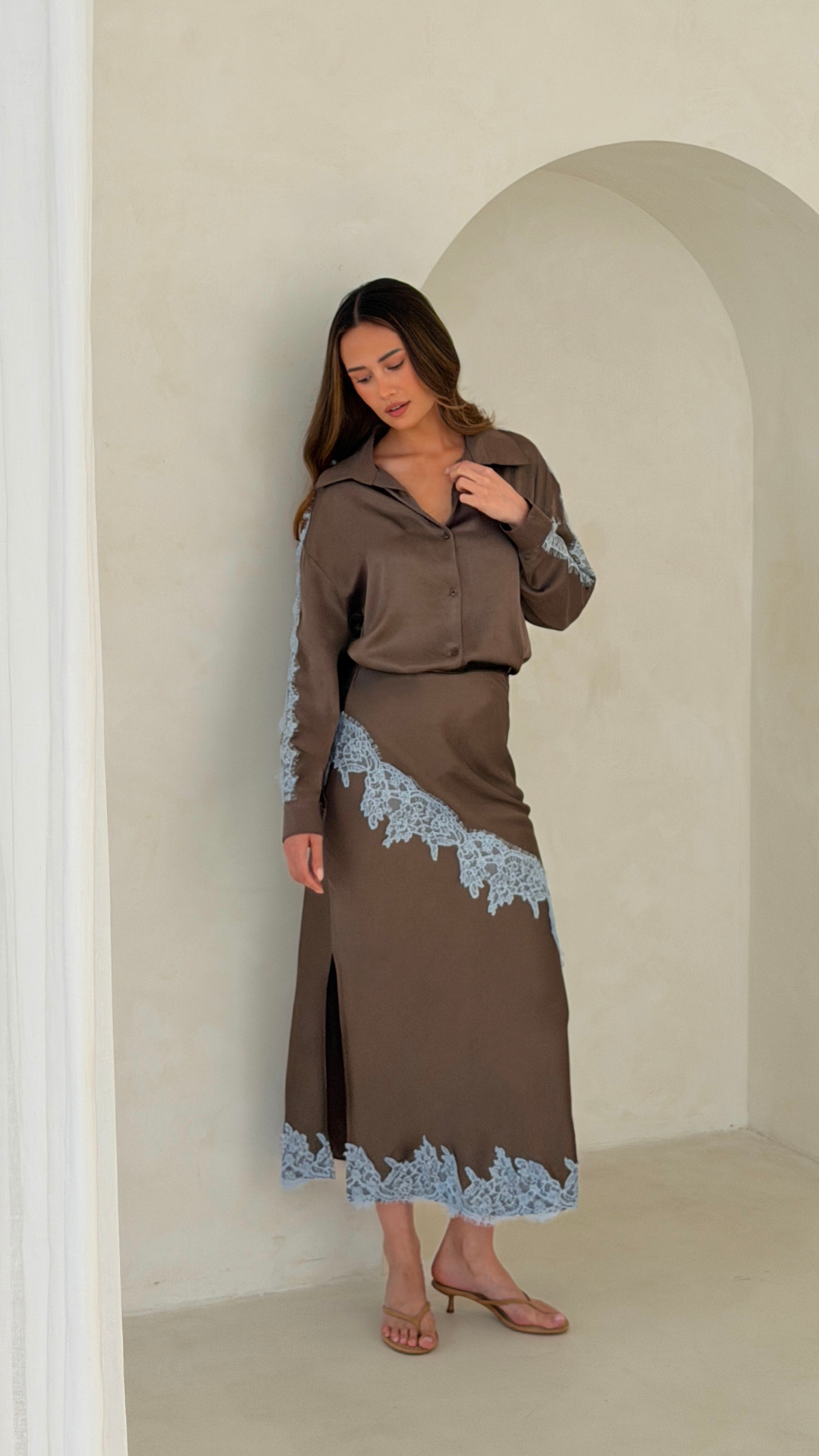 Amara Satin Lace Skirt - Chocolate