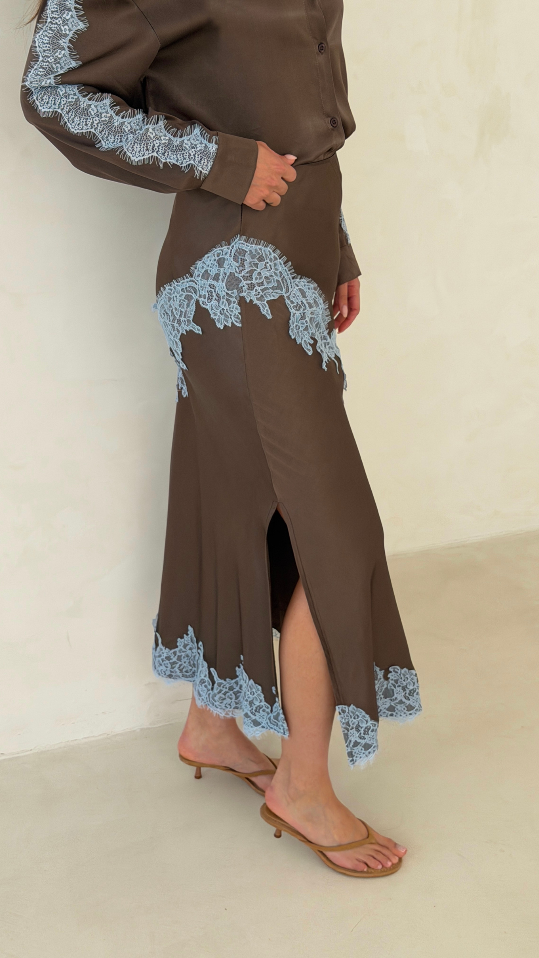Amara Satin Lace Skirt - Chocolate
