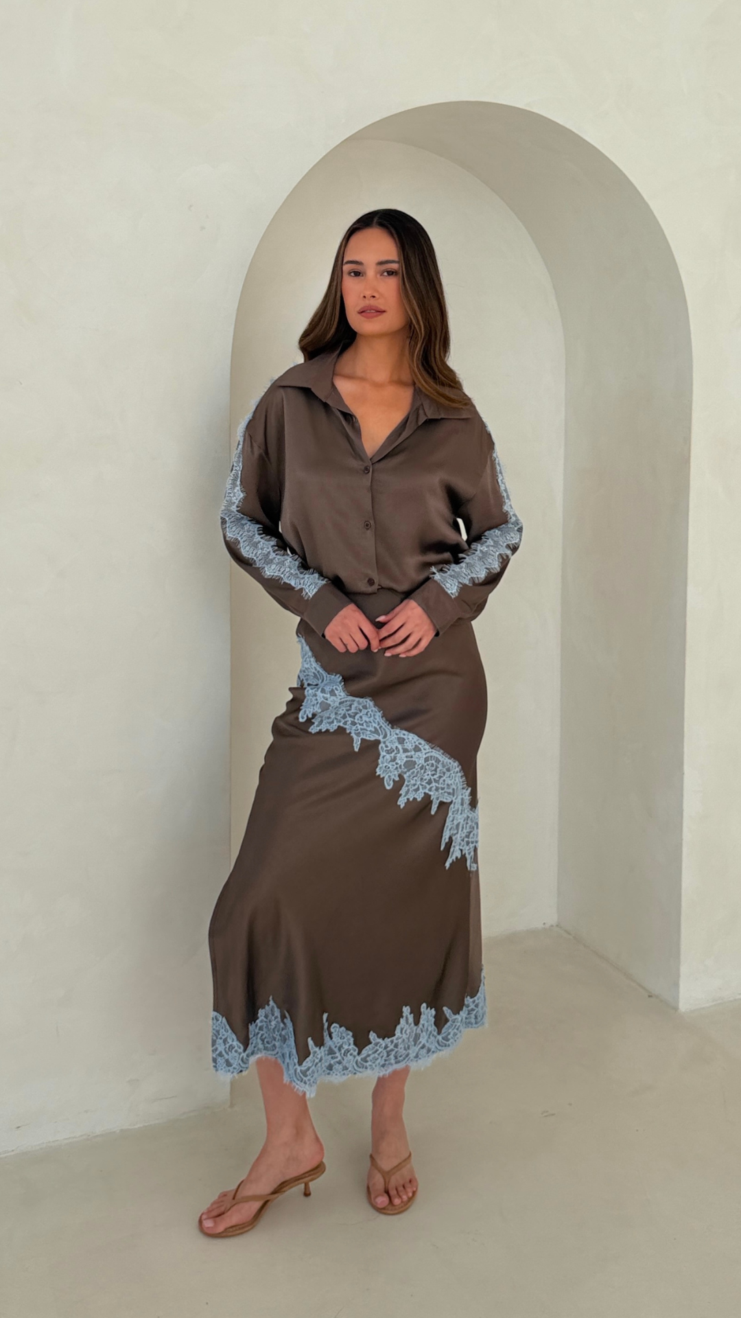 Amara Satin Lace Skirt - Chocolate