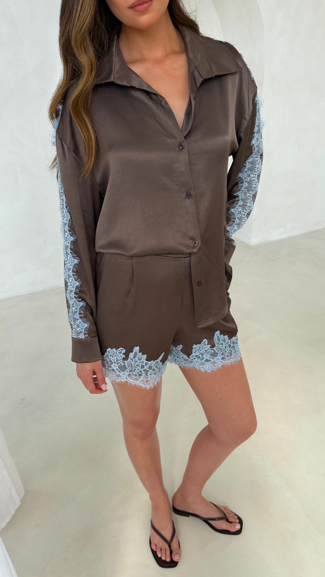 Cosima Satin Lace Shirt  - Chocolate