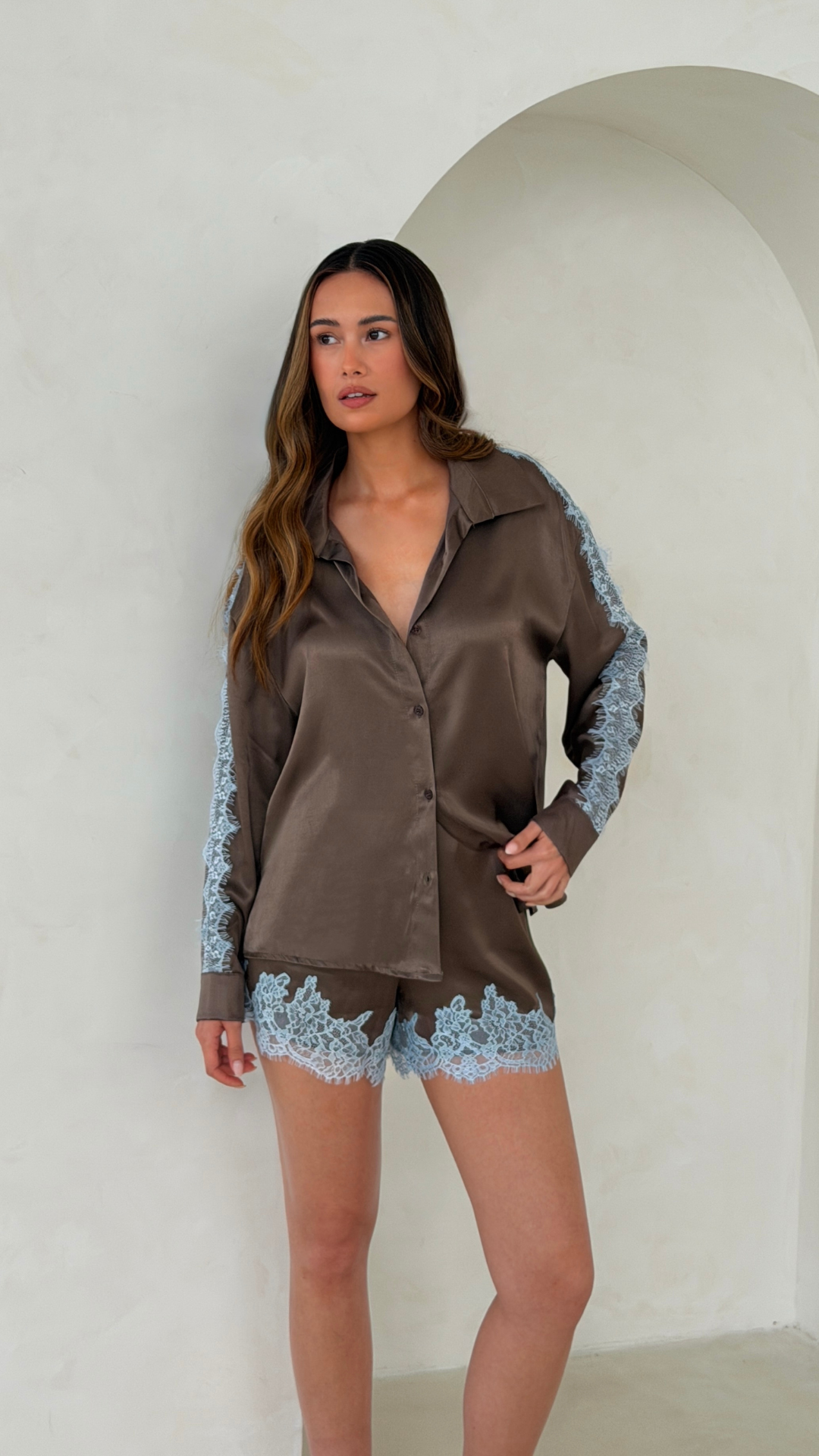 Cosima Satin Lace Shirt  - Chocolate
