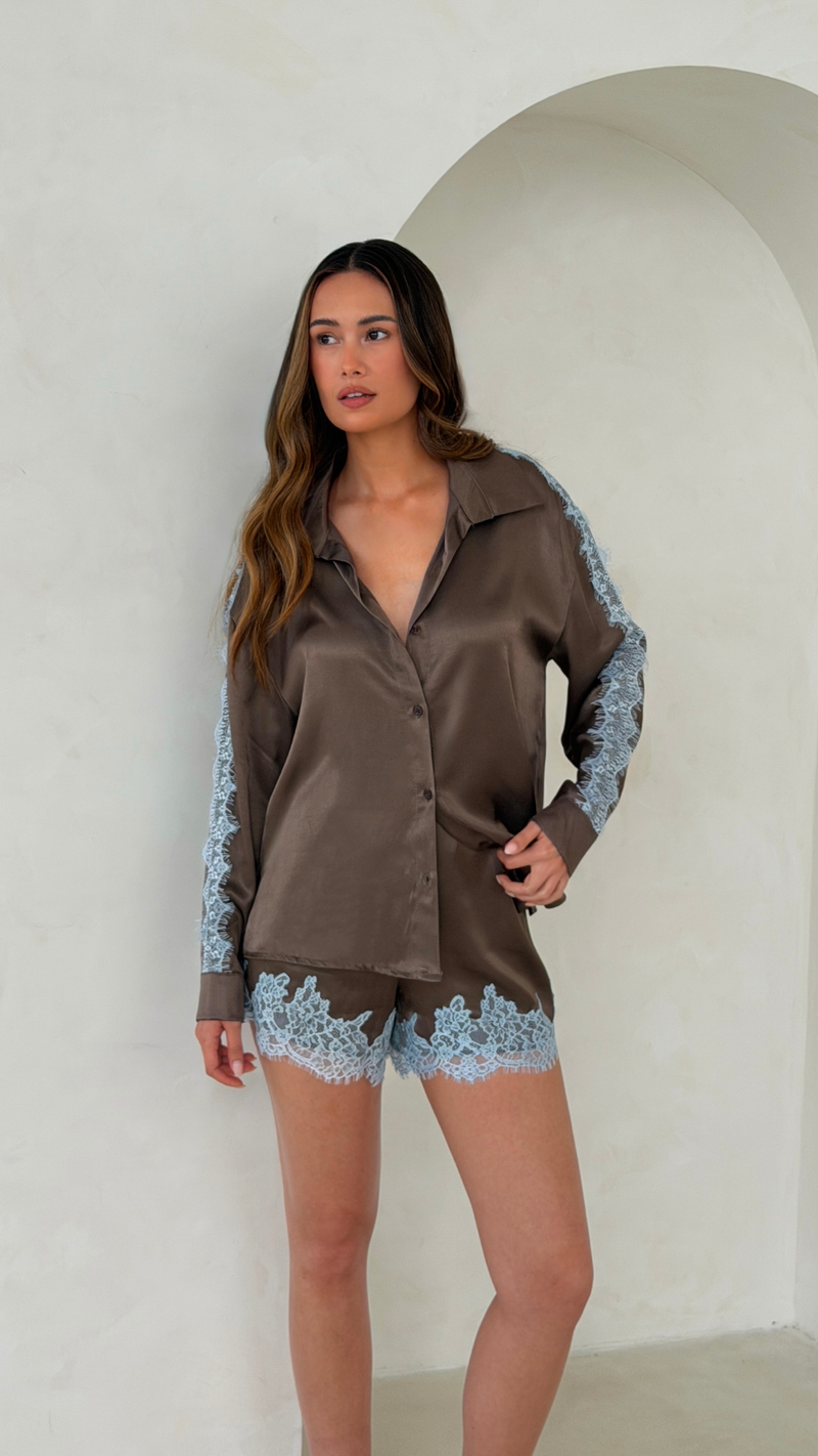 Cosima Satin Lace Shirt  - Chocolate