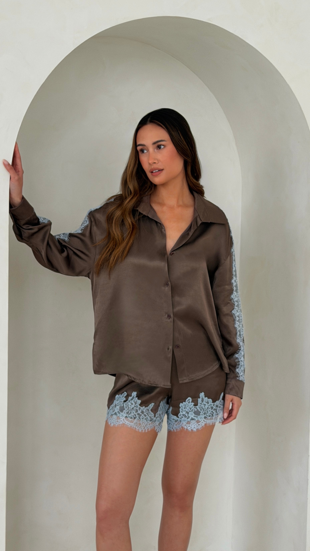 Cosima Satin Lace Shirt  - Chocolate