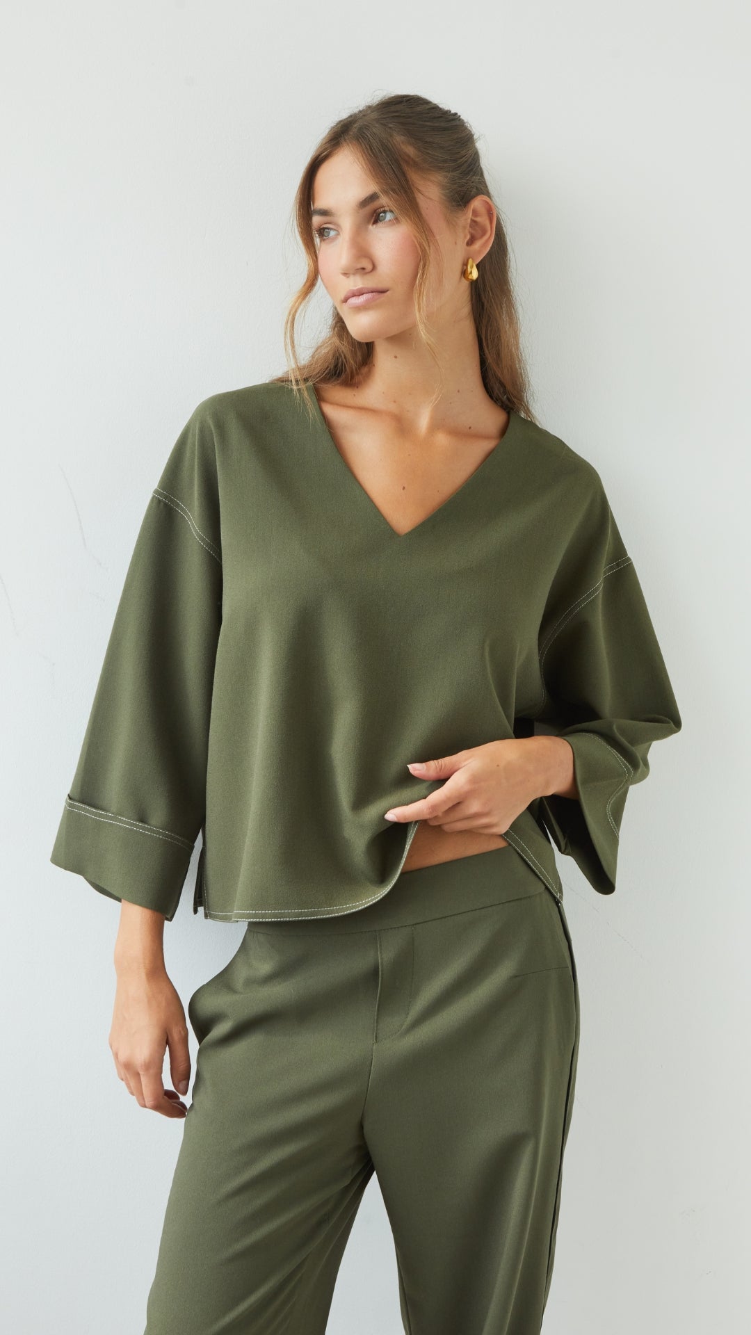Olina V-Neck Crepe Top  - Khaki
