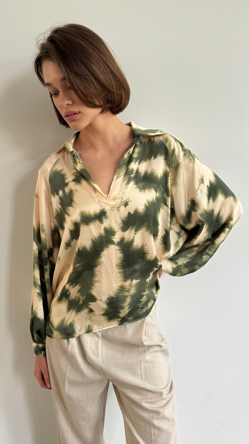 Eden Top - Khaki Tie Dye Print
