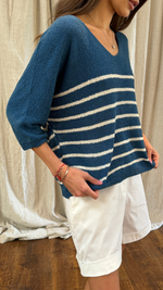 GRACE BOUCLÉ TEE - BLUE ECRU STRIPES