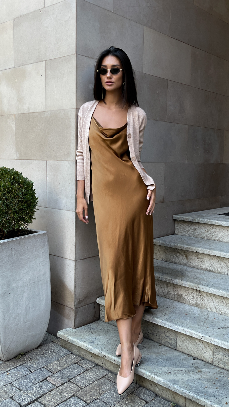 IRIS SATIN DRESS - CARAMEL