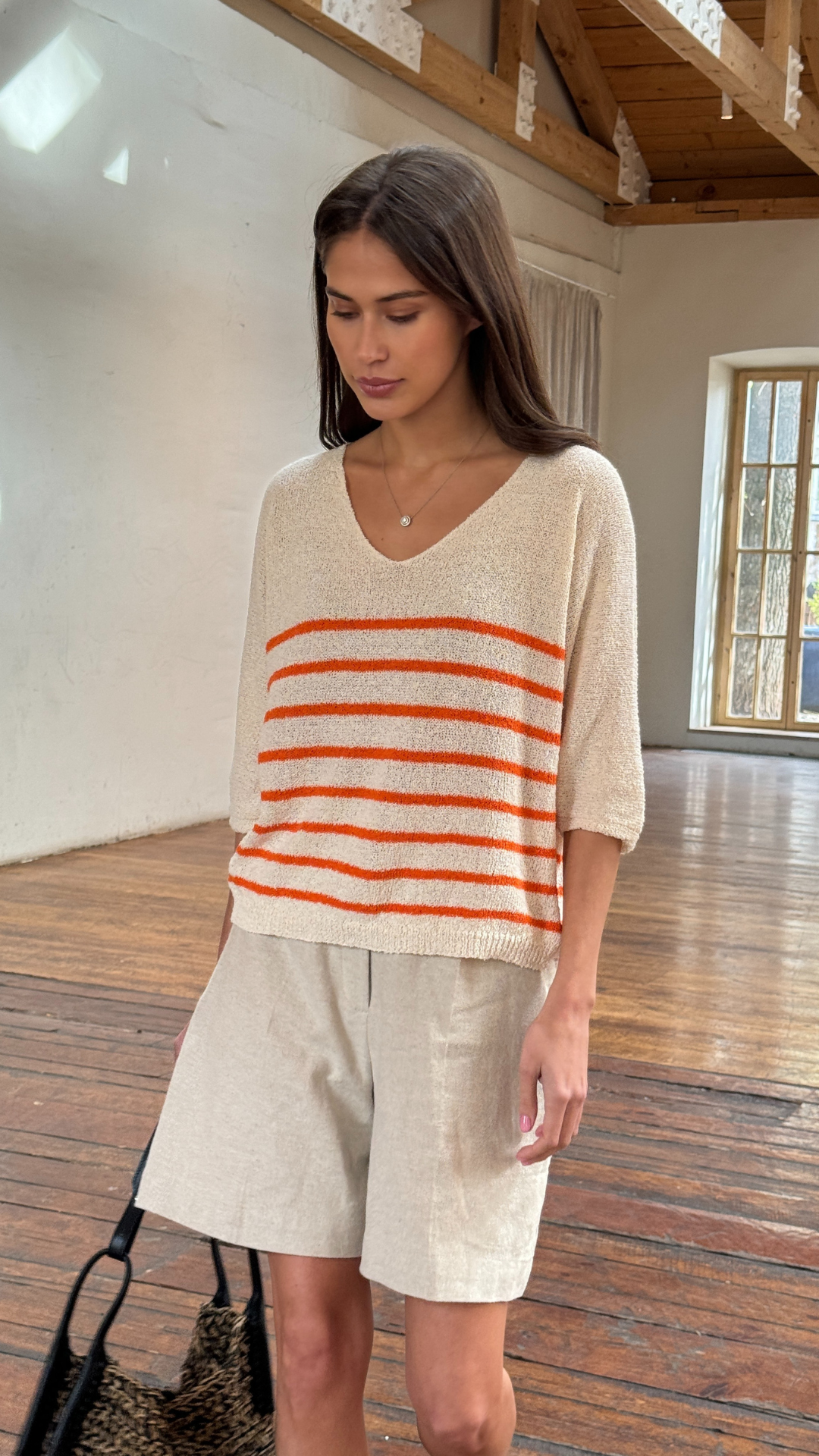 Grace Bouclé Tee - Ecru Tangerine Stripes