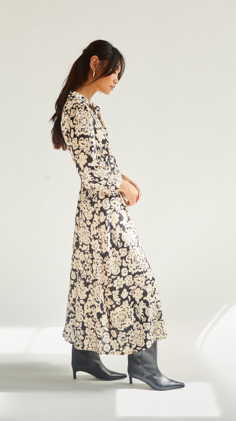 EMALINE SHIRT DRESS - BLACK FLORAL PRINT
