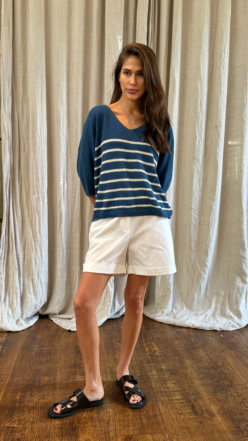 GRACE BOUCLÉ TEE - BLUE ECRU STRIPES