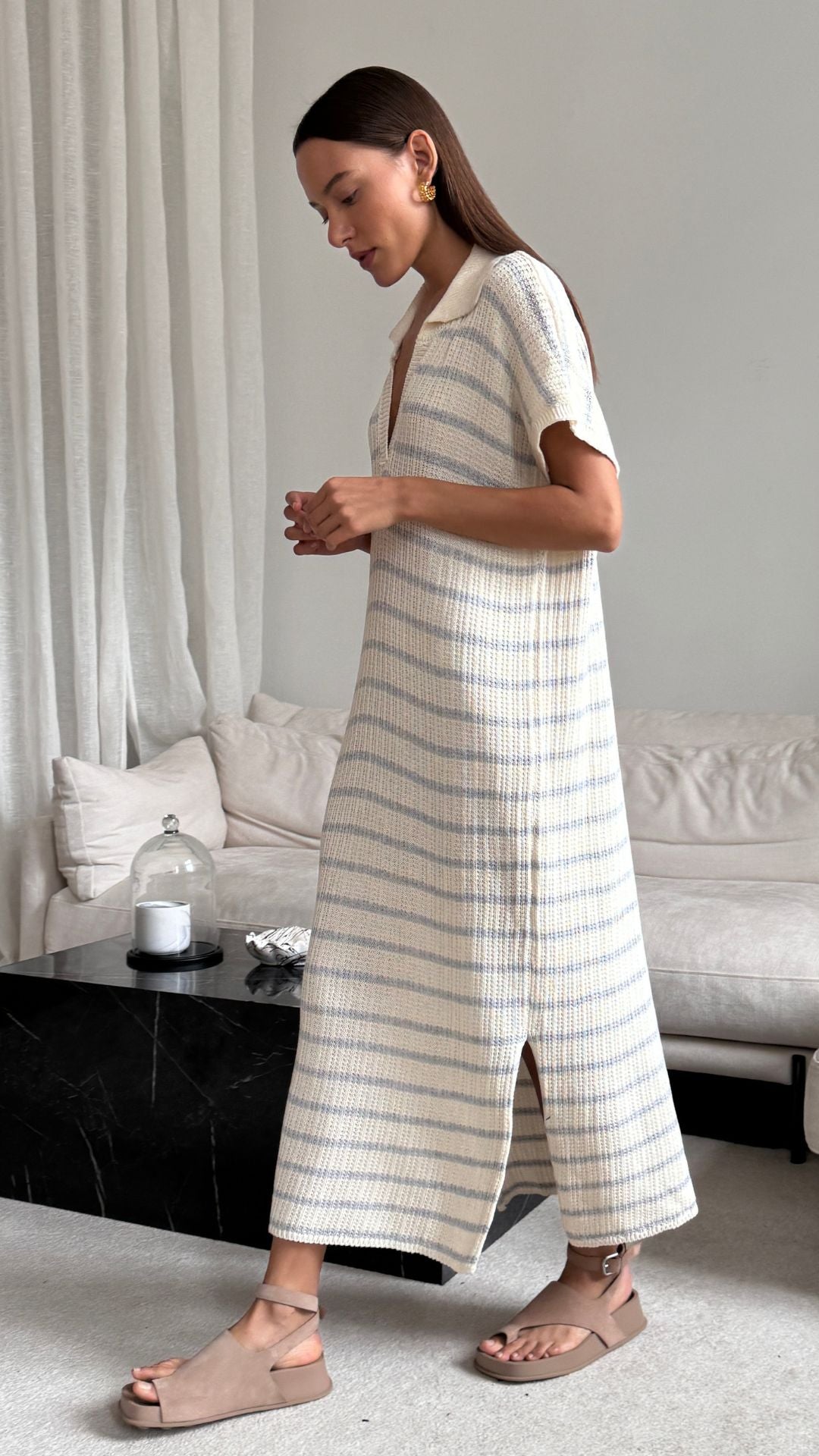 Erin Knit Dress - Ecru Grey Stripes