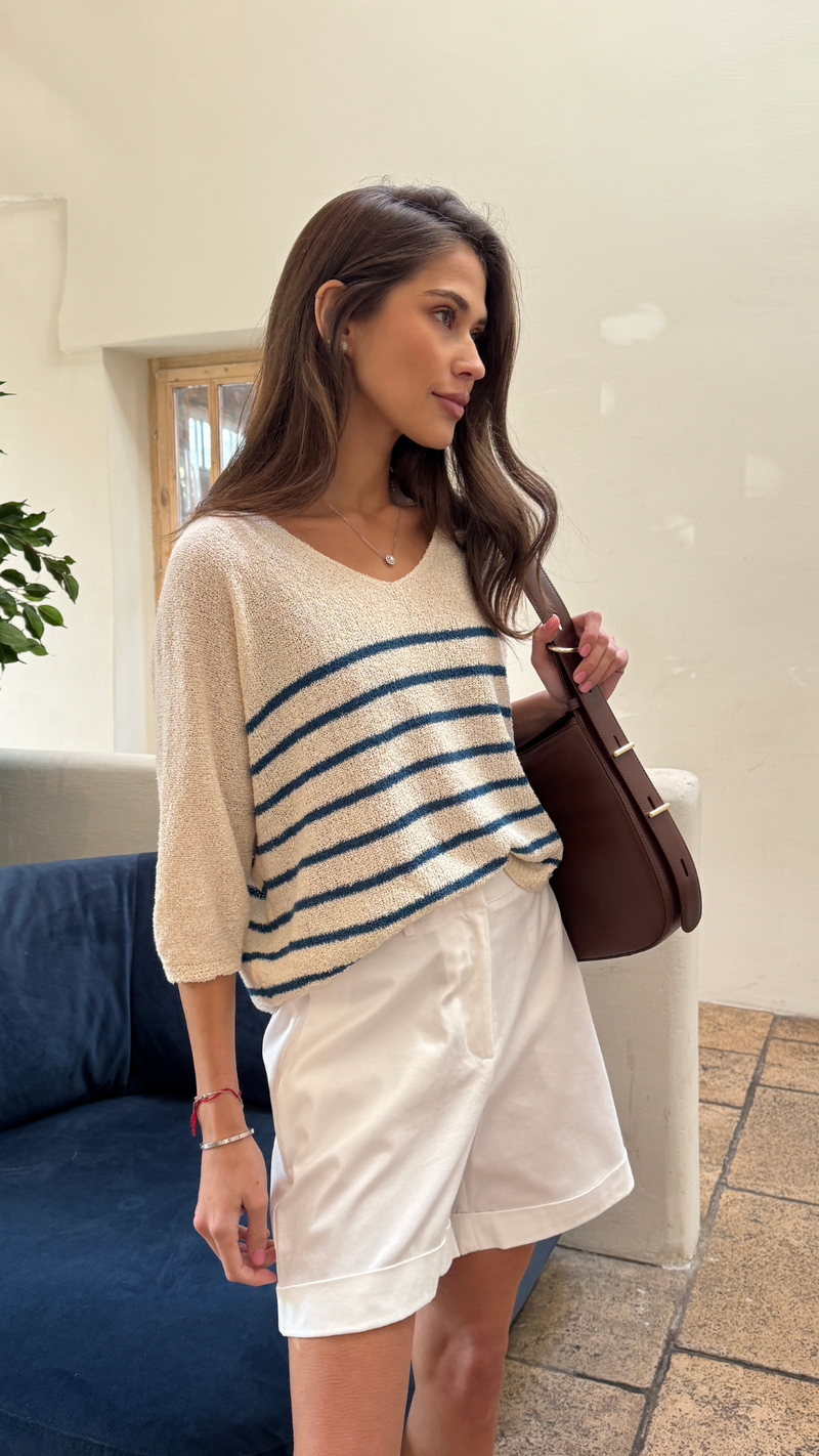 GRACE BOUCLÉ TEE - ECRU BLUE STRIPES