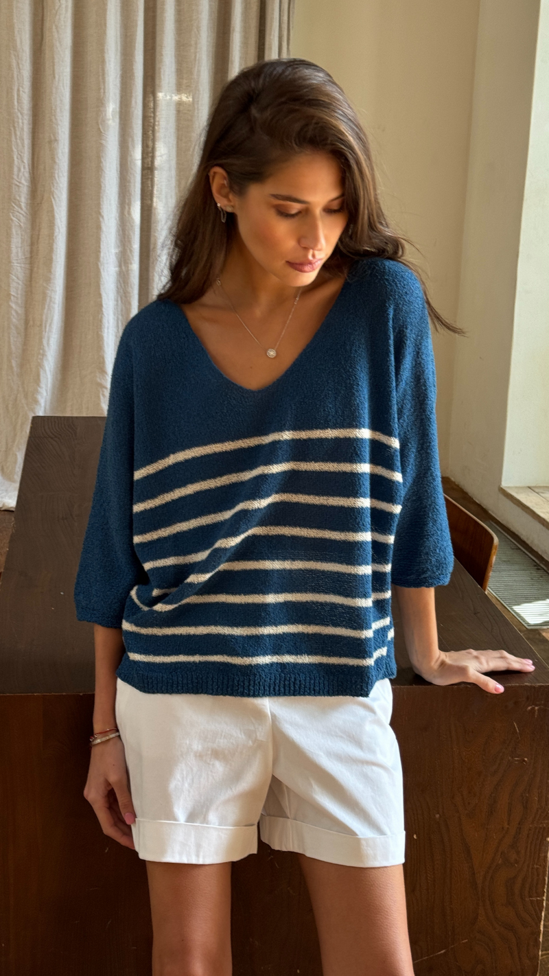 GRACE BOUCLÉ TEE - BLUE ECRU STRIPES