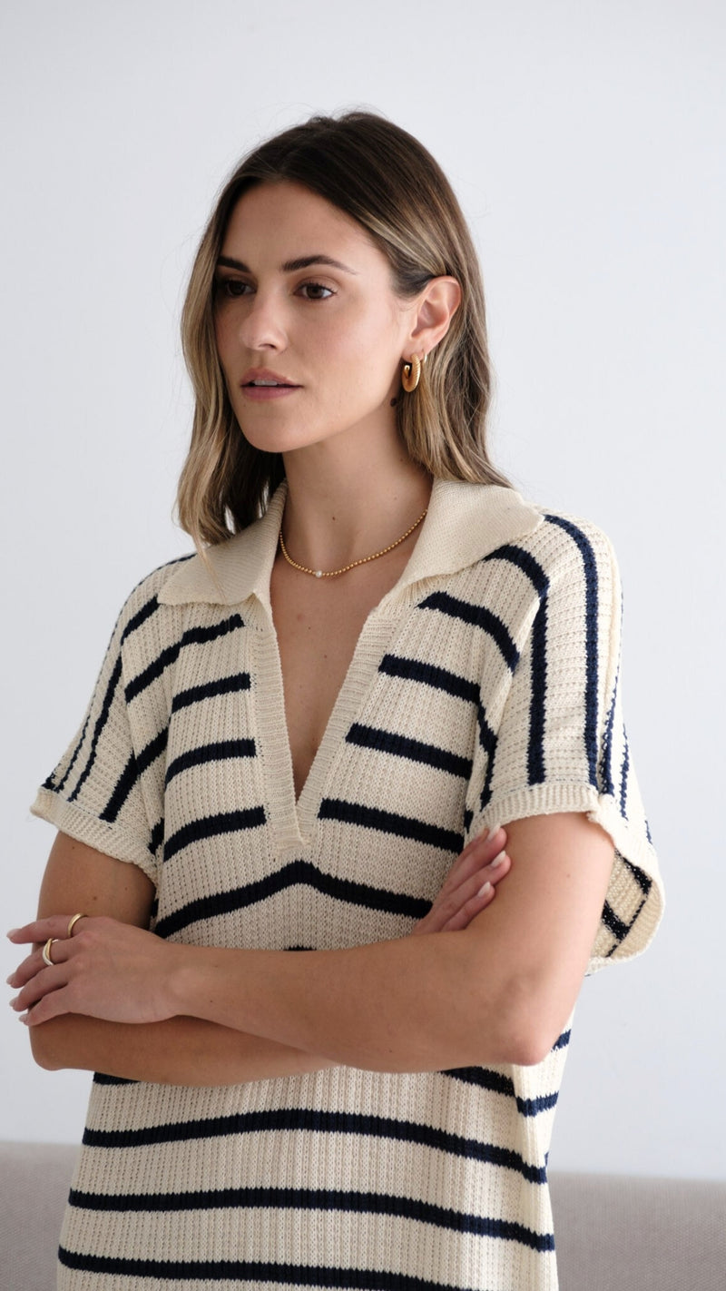 ERIN KNIT DRESS - ECRU NAVY STRIPES
