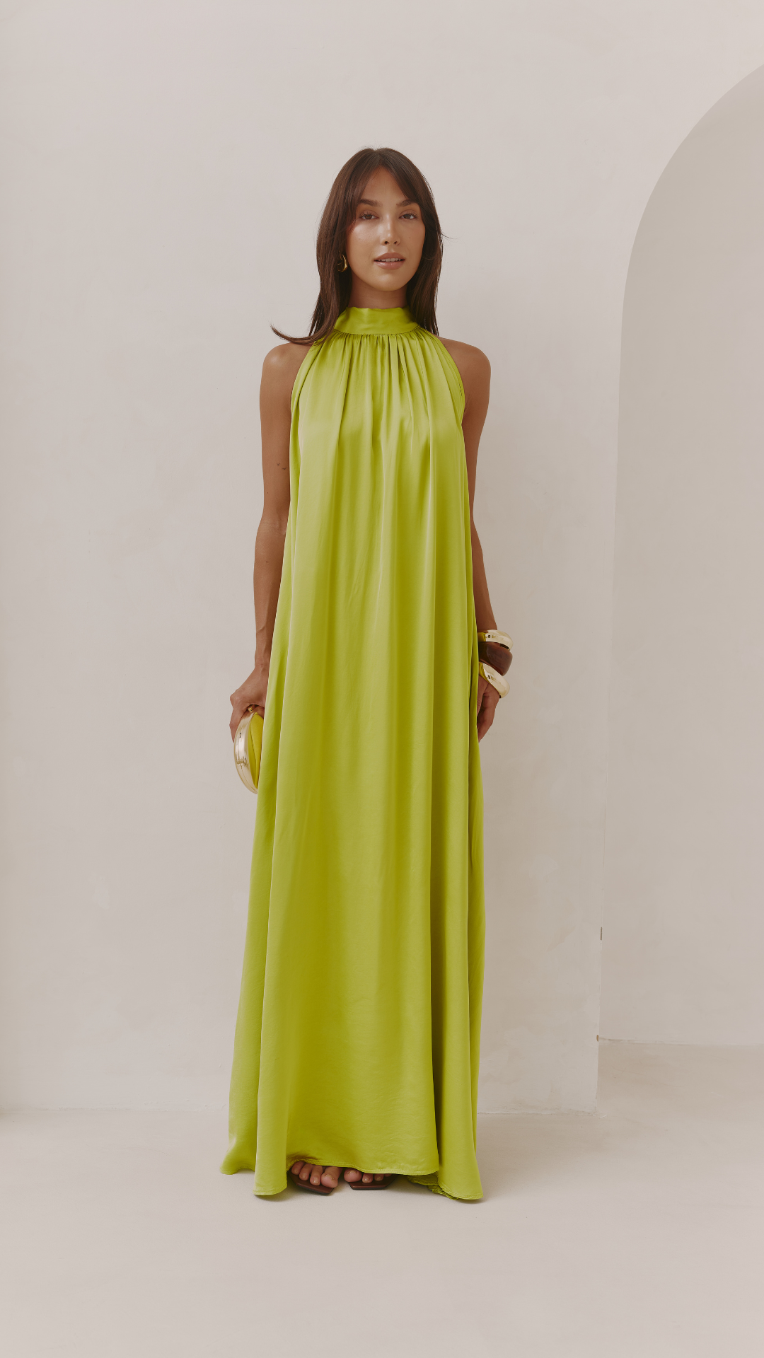 Everly Column Satin Dress - Chartreuse