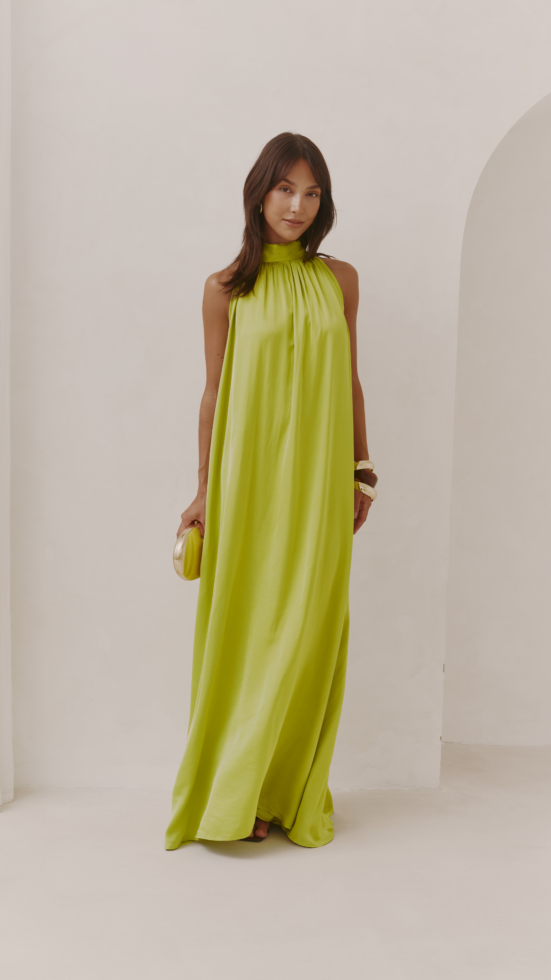 Everly Column Satin Dress - Chartreuse