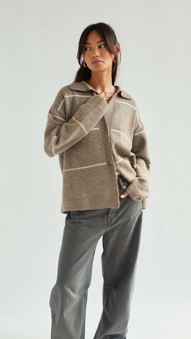 CLARA CONTRAST STITCH CARDIGAN - SAND IVORY