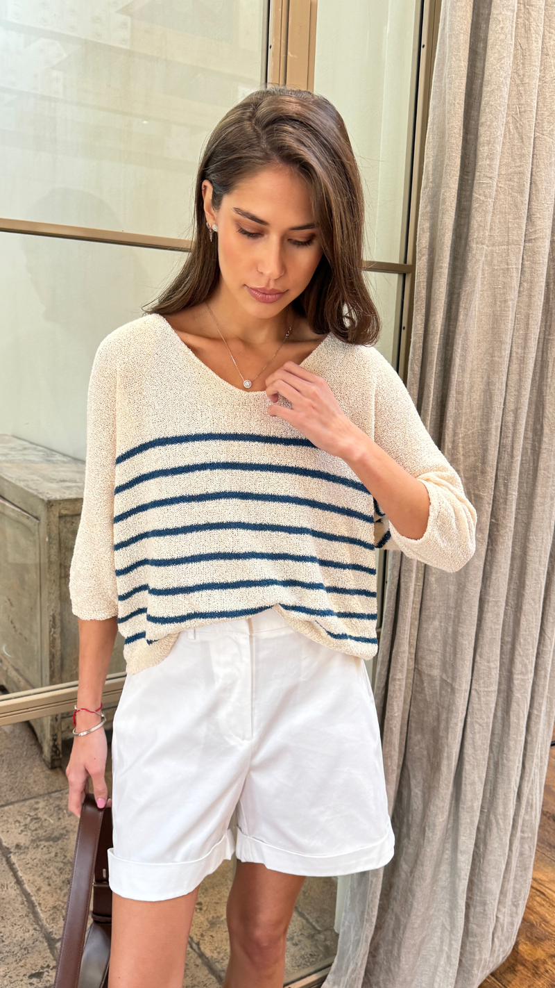 GRACE BOUCLÉ TEE - ECRU BLUE STRIPES