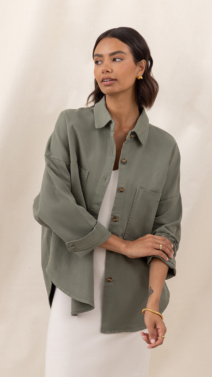 Wyatt Cotton Twill Overshirt - Khaki