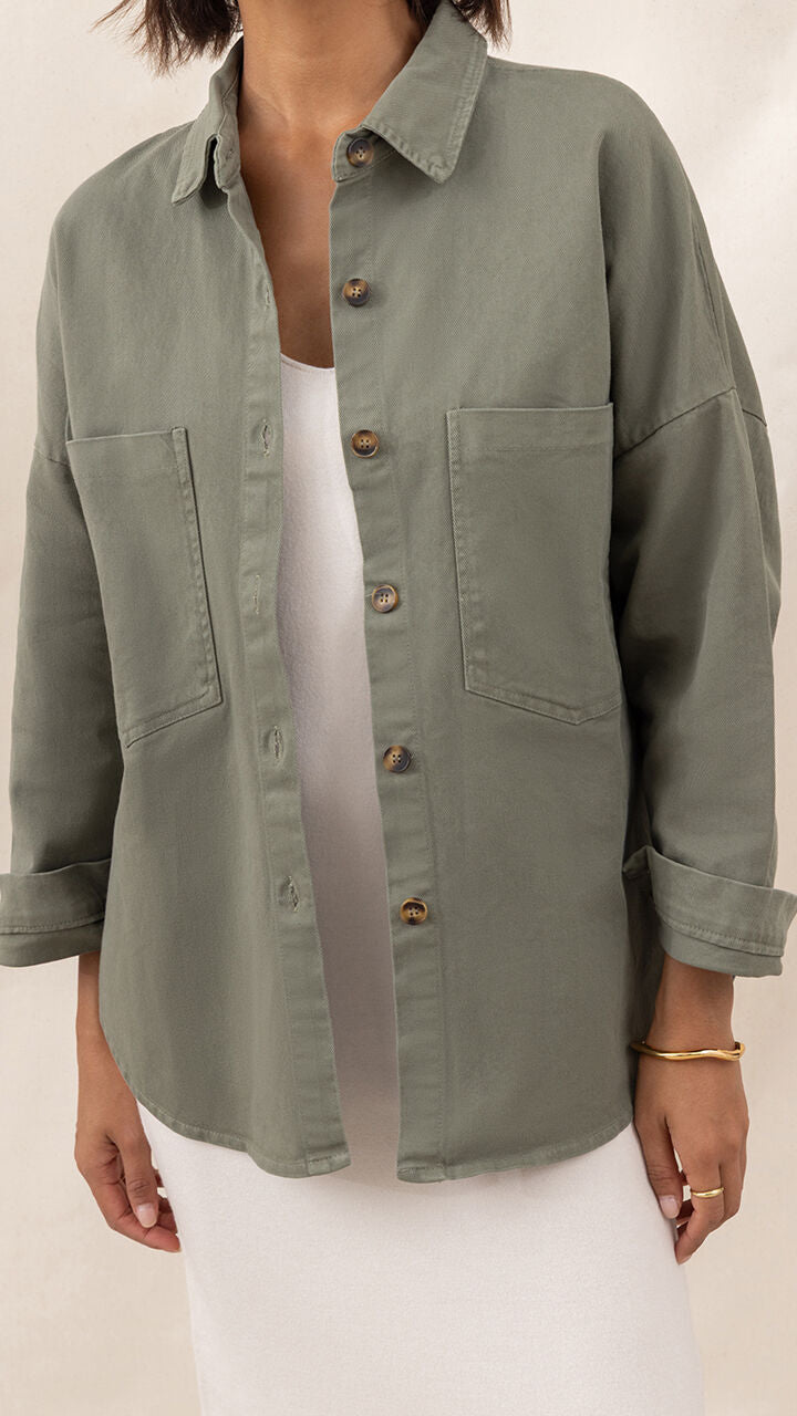 Wyatt Cotton Twill Overshirt - Khaki