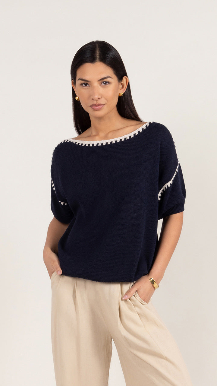 Billie Short Sleeve Cotton Knit - Deep Blue