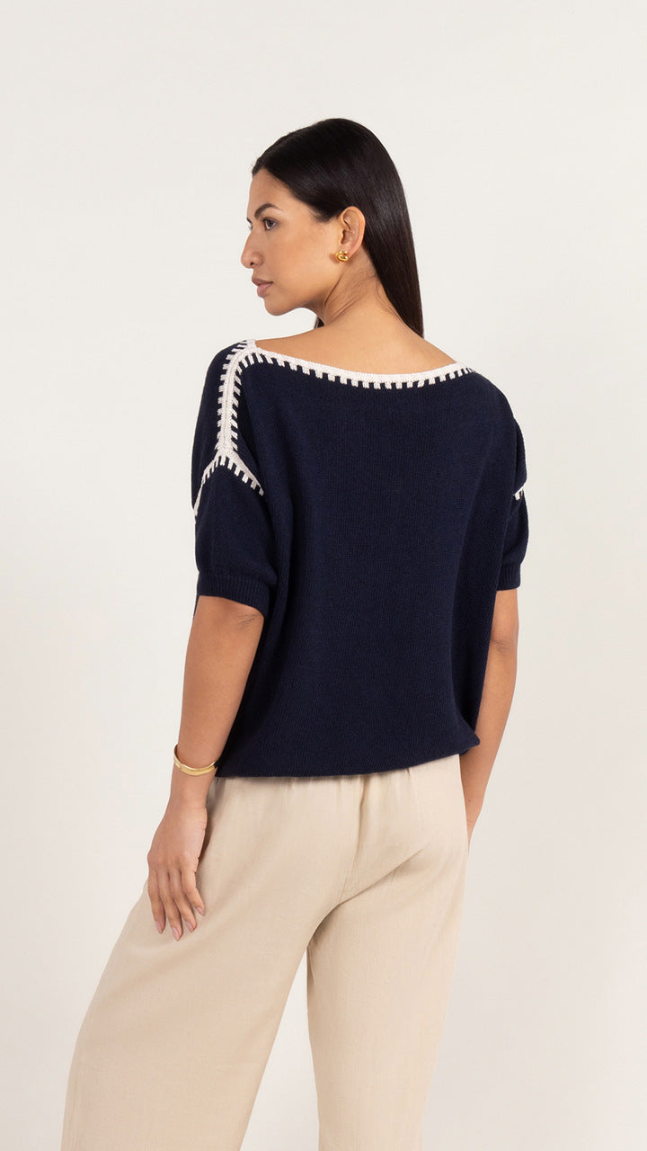 Billie Short Sleeve Cotton Knit - Deep Blue