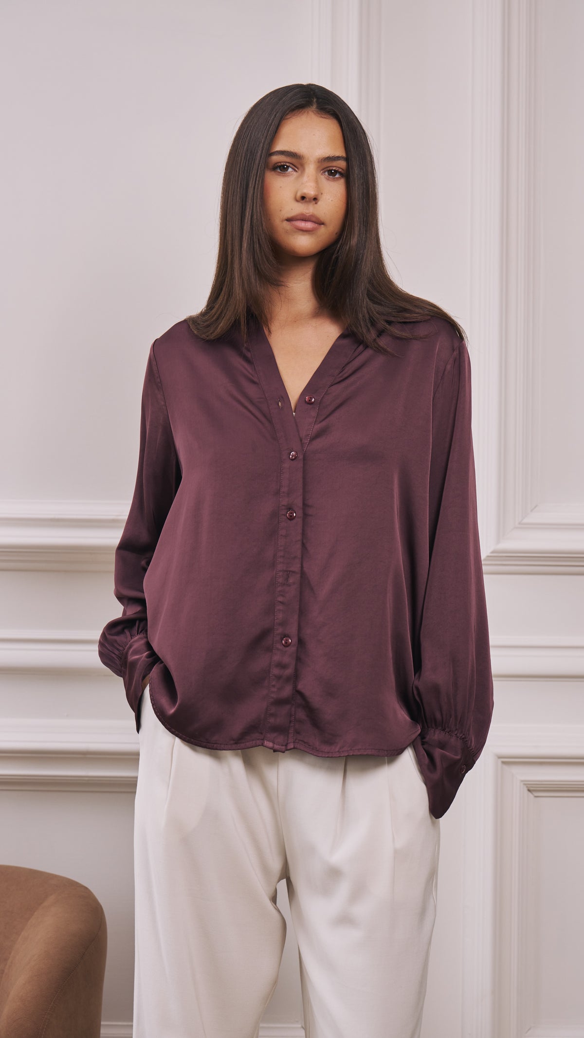 Raye Satin Shirt - Burgundy