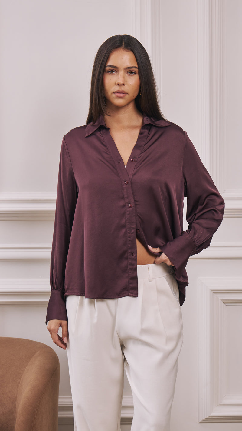 Raye Satin Shirt - Burgundy