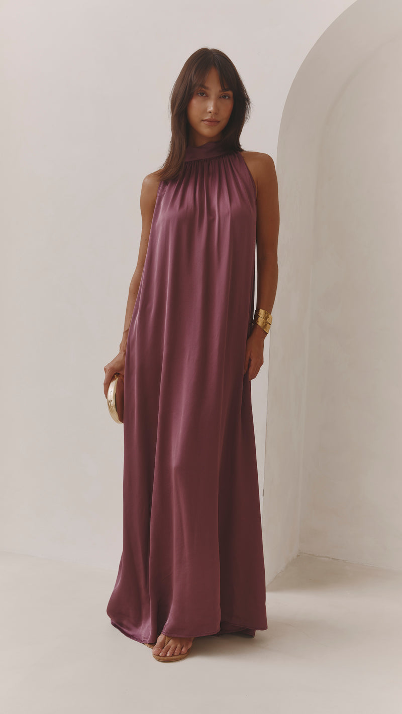 Everly Column Satin Dress - Burgundy