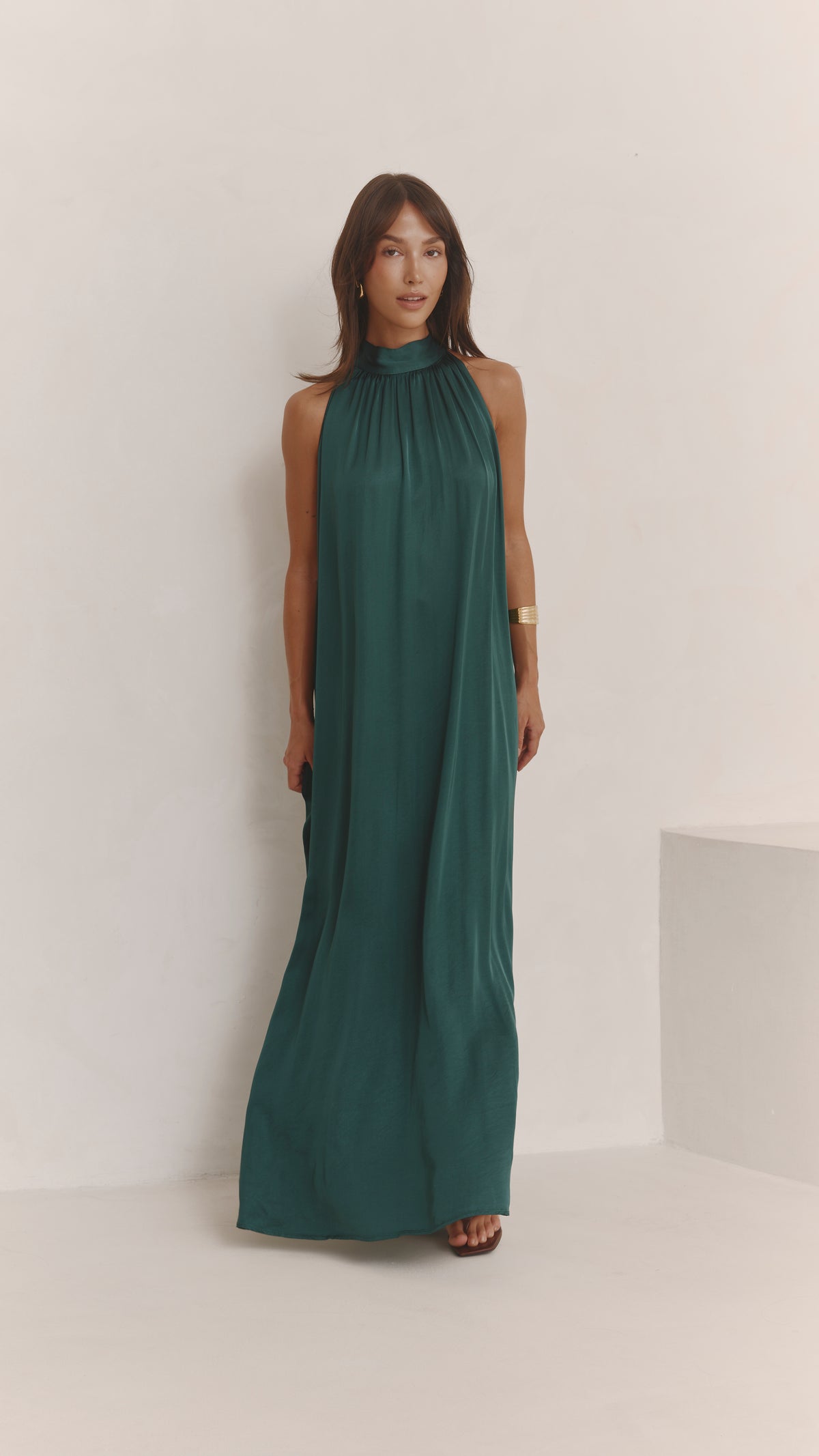 Everly Column Satin Dress - Emerald Green
